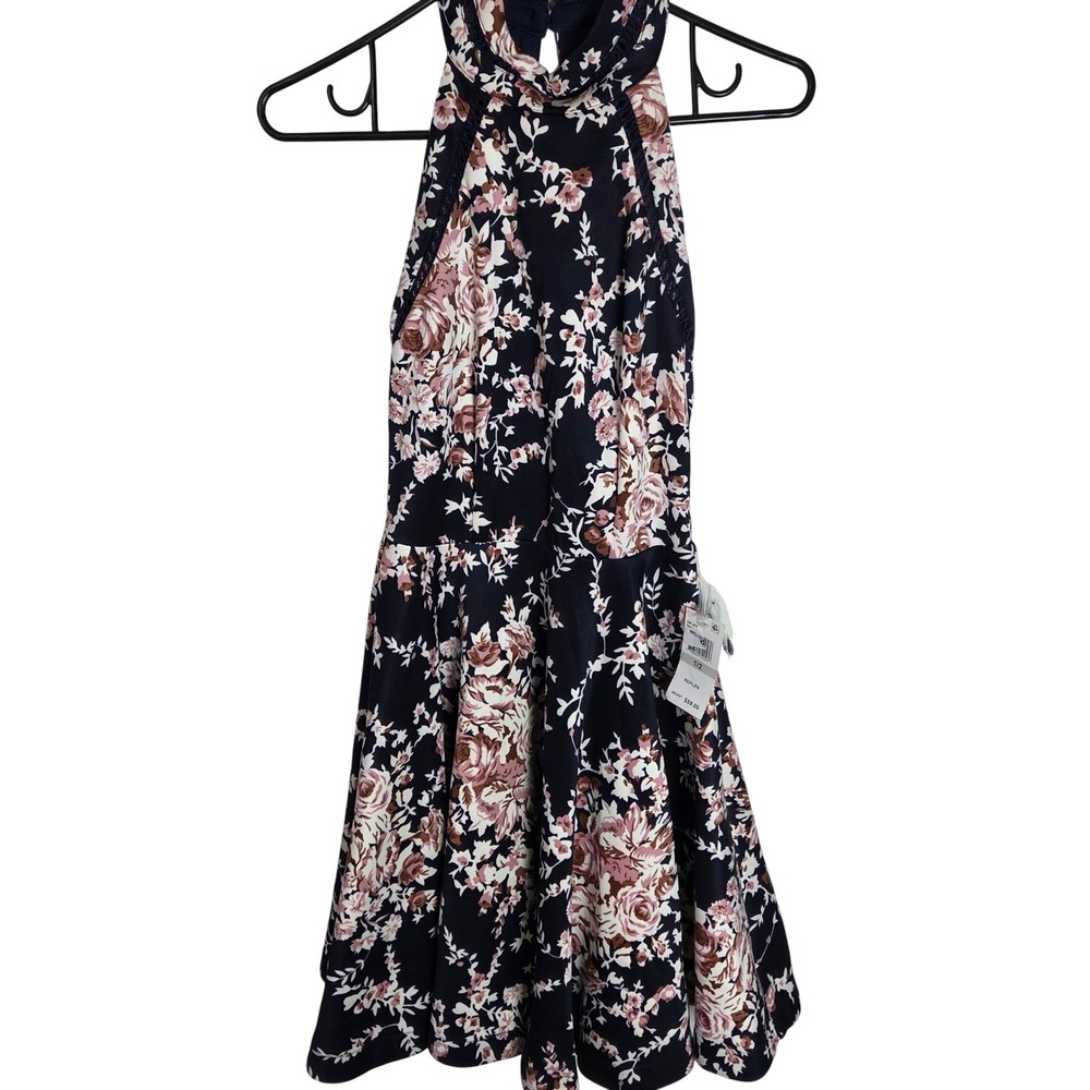 B Darlin Floral Halter Maxi Dress Navy Pink Formal Prom Womens 1/2 NWT